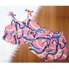 Cj. Cropped Babado Estampado 